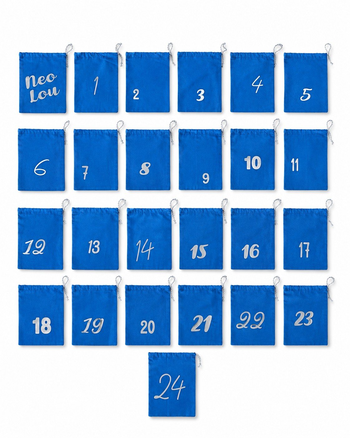 Adventskalender Seckchen in blau mit silberner Aufschrift